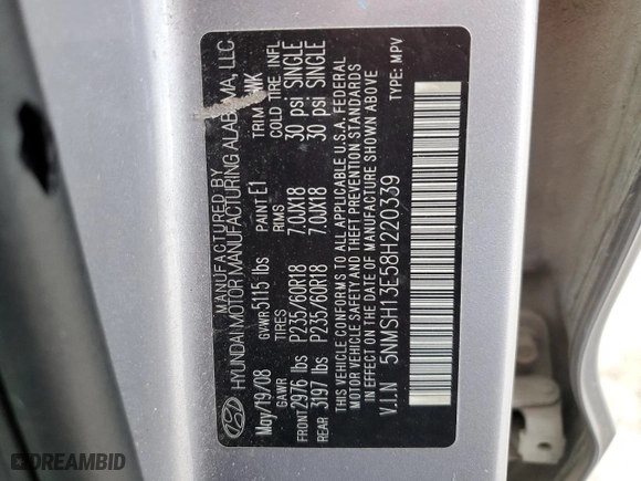 2008 Hyundai Santa Fe SE with VIN 5NMSH13E58H220339, listed as a Copart auction lot 50707875 with 215,189 mi miles and Salvage Title. Bid and sale history available at carsss.com. Image 16.