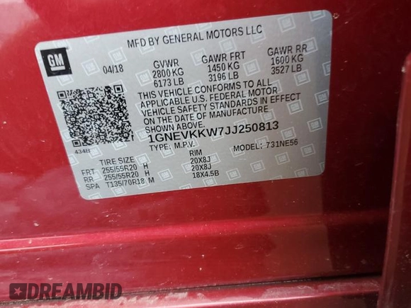 2018 Chevrolet Traverse High Country with VIN 1GNEVKKW7JJ250813, listed as a Copart auction lot 58981395 with 145,170 mi miles and Salvage title. Bid and sale history available at DreamBid. Image 13.