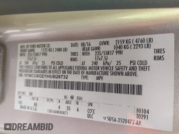 2017 Ford Escape SE with VIN 1FMCU9GD1HUB28732, listed as a IAAI auction lot 41546177 with 126,698 mi miles and . Bid and sale history available at DreamBid. Image 9.
