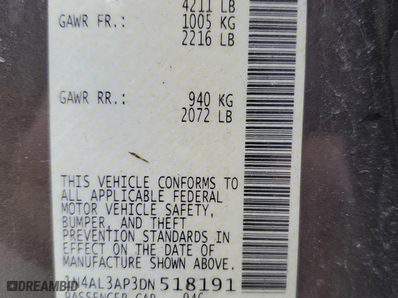 2013 Nissan Altima 2.5 S with VIN 1N4AL3AP3DN518191, listed as a Copart auction lot 51575735 with 0 mi miles and Salvage Title. Bid and sale history available at carsss.com. Image 14.