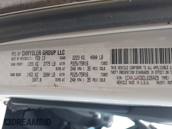 2013 Jeep Wrangler Sport with VIN 1C4AJWAG6DL626429, listed as a IAAI auction lot 42348347 with 120,104 mi miles and . Bid and sale history available at DreamBid. Image 9.