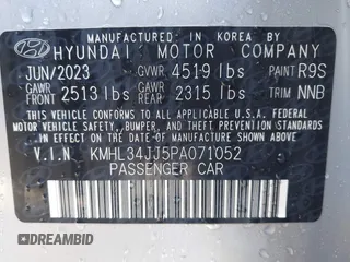 2023 Hyundai Sonata SEL with VIN KMHL34JJ5PA071052, listed as a IAAI auction lot 41825073 with 56,370 mi miles and . Bid and sale history available at DreamBid. Image 9.