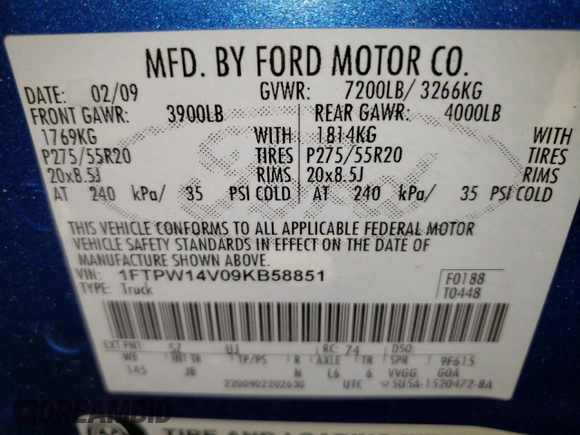 2009 Ford F-150 XL with VIN 1FTPW14V09KB58851, listed as a Copart auction lot 60174025 with 209,055 mi miles and Clean title. Bid and sale history available at DreamBid. Image 12.