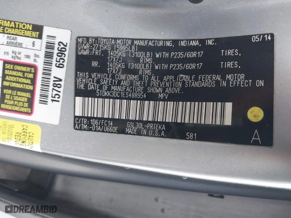 2014 Toyota Sienna LE AAS with VIN 5TDKK3DC1ES488954, listed as a IAAI auction lot 41557423 with 144,031 mi miles. Bid and sale history available at carsss.com. Image 9.