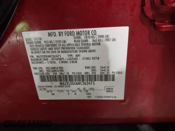 2019 Ford EcoSport SE with VIN MAJ3S2GE6KC263475, listed as a IAAI auction lot 41834450 with 45,138 mi miles and . Bid and sale history available at DreamBid. Image 9.