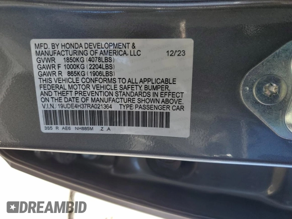 2024 Acura Integra w/A-Spec Package with VIN 19UDE4H37RA021364, listed as a Copart auction lot 47843185 with 5,979 mi miles and Salvage title. Bid and sale history available at DreamBid. Image 14.
