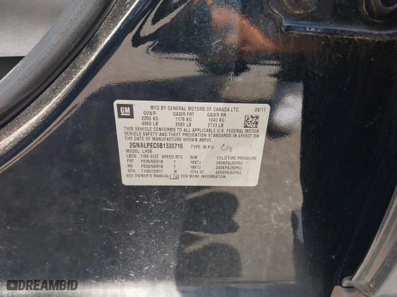 2011 Chevrolet Equinox LT w/2LT with VIN 2GNALPEC6B1330716, listed as a IAAI auction lot 42081562 with 69,642 mi miles. Bid and sale history available at carsss.com. Image 9.