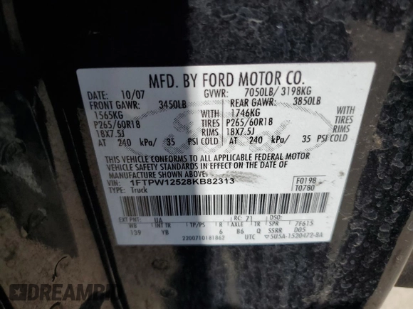 2008 Ford F-150 XLT with VIN 1FTPW12528KB82313, listed as a Copart auction lot 60969805 with 264,914 mi miles and Clean title. Bid and sale history available at DreamBid. Image 12.