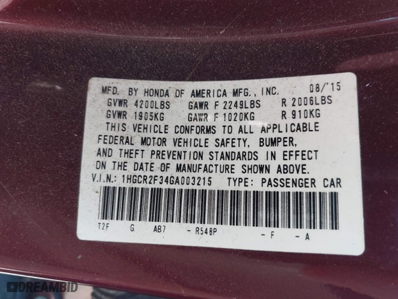 2016 Honda Accord Sedan LX with VIN 1HGCR2F34GA003215, listed as a IAAI auction lot 41849208 with 138,247 mi miles. Bid and sale history available at carsss.com. Image 9.