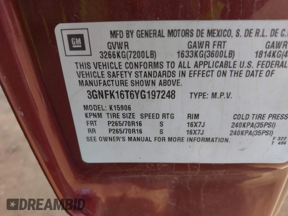 2000 Chevrolet Suburban LT with VIN 3GNFK16T6YG197248, listed as a IAAI auction lot 41624697 with 205,651 mi miles. Bid and sale history available at carsss.com. Image 9.