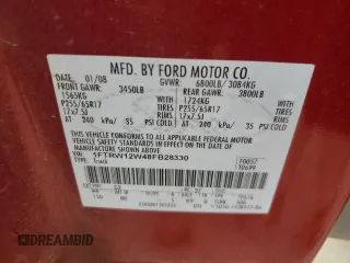 2008 Ford F-150 XL with VIN 1FTRW12W48FB28330, listed as a Copart auction lot 53896705 with 190,788 mi miles and Salvage Title. Bid and sale history available at DreamBid. Image 12.