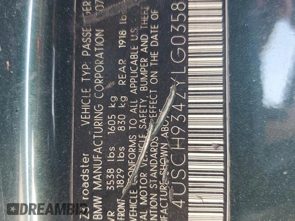 2000 BMW Z3 2.5L with VIN 4USCH9342YLG03581, listed as a Copart auction lot 75429884 with 122,439 mi miles and Salvage Title. Bid and sale history available at carsss.com. Image 13.