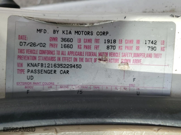 2003 Kia Spectra with VIN KNAFB121635229450, listed as a Copart auction lot 47084595 with 200,586 mi miles and Salvage Title. Bid and sale history available at carsss.com. Image 14.