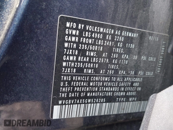 2016 Volkswagen Tiguan S with VIN WVGBV7AX5GW526285, listed as a IAAI auction lot 41445284 with 130,954 mi miles and . Bid and sale history available at DreamBid. Image 9.