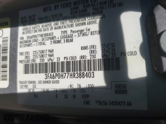 2017 Ford Fusion SE with VIN 3FA6P0H77HR388403, listed as a IAAI auction lot 42708389 with 120,864 mi miles and . Bid and sale history available at DreamBid. Image 5.