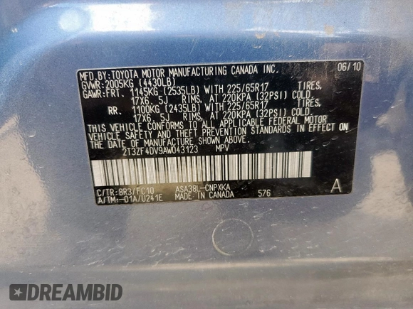 2010 Toyota RAV4 with VIN 2T3ZF4DV9AW043123, listed as a Copart auction lot 62779665 with Not provided miles and Salvage title. Bid and sale history available at DreamBid. Image 14.