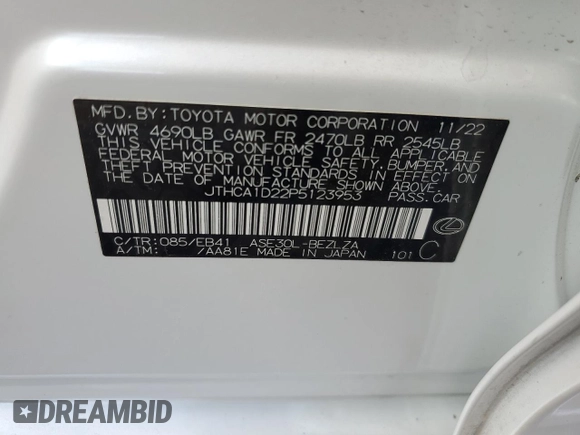 2023 Lexus IS 300 with VIN JTHCA1D22P5123953, listed as a Copart auction lot 54215025 with 11,501 mi miles and Salvage title. Bid and sale history available at DreamBid. Image 12.