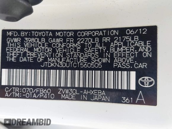 2012 Toyota Prius One with VIN JTDKN3DU1C1560505, listed as a IAAI auction lot 41908240 with 133,188 mi miles and . Bid and sale history available at DreamBid. Image 9.