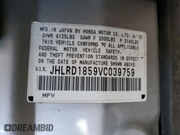 1997 Honda CR-V with VIN JHLRD1859VC039759, listed as a Copart auction lot 42385475 with 0 mi miles and Non Repairable. Bid and sale history available at carsss.com. Image 12.