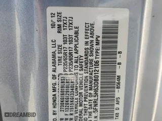 2013 Honda Odyssey EX-L with VIN 5FNRL5H63DB012106, listed as a Copart auction lot 52710755 with 69,674 mi miles and Salvage Title. Bid and sale history available at carsss.com. Image 13.