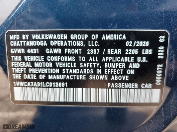 2020 Volkswagen Passat 2.0T SEL with VIN 1VWCA7A31LC013691, listed as a Copart auction lot 43266825 with 44,561 mi miles and Salvage Title. Bid and sale history available at carsss.com. Image 13.