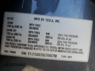 2020 Tesla Model Y Long Range with VIN 5YJYGDEE8LF045798, listed as a Copart auction lot 53689115 with 35,882 mi miles and Salvage Title. Bid and sale history available at DreamBid. Image 12.