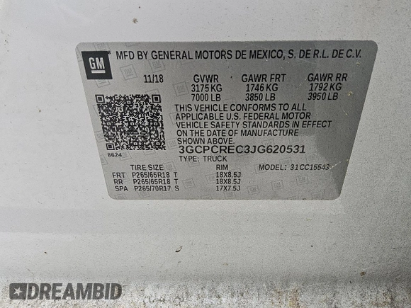 2018 Chevrolet Silverado 1500 LT with VIN 3GCPCREC3JG620531, listed as a Copart auction lot 54795545 with 130,608 mi miles and Clean Title. Bid and sale history available at DreamBid. Image 12.