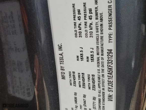 2019 Tesla Model 3 Mid Range with VIN 5YJ3E1EA5KF331294, listed as a Copart auction lot 42534805 with 181,123 mi miles and Salvage Title. Bid and sale history available at carsss.com. Image 15.