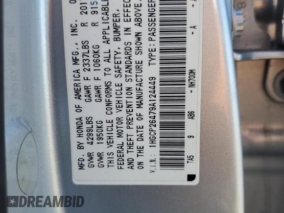 2009 Honda Accord LX-P с VIN 1HGCP26479A124449, выставлен на аукционе Copart как лот 56339215 с пробегом Не указан миль и Списание • Salvage title. История ставок и продаж доступна на DreamBid. Изображение 12.