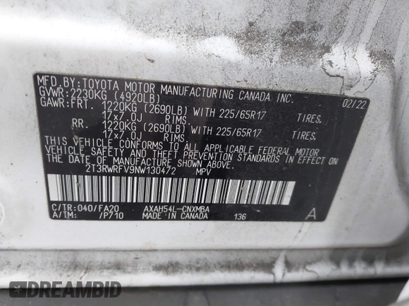 2022 Toyota RAV4 Hybrid XLE with VIN 2T3RWRFV9NW130472, listed as a IAAI auction lot 40990707 with 156,174 mi miles and . Bid and sale history available at DreamBid. Image 9.