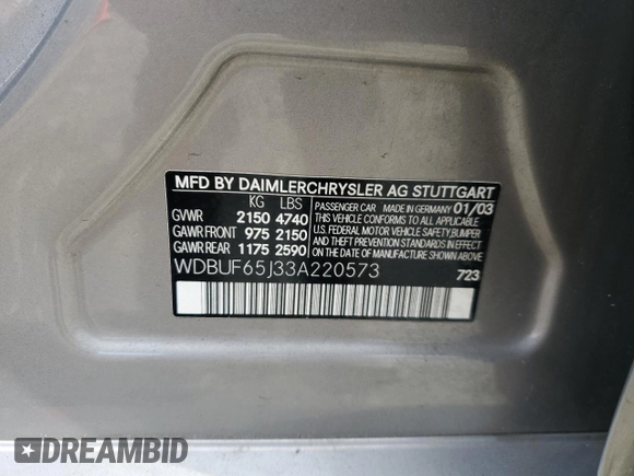 2003 Mercedes-Benz E-Class 3.2L with VIN WDBUF65J33A220573, listed as a Copart auction lot 52085375 with 142,536 mi miles and Salvage Title. Bid and sale history available at carsss.com. Image 15.