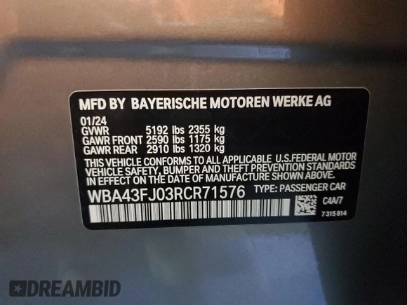 2024 BMW 5 Series 530i with VIN WBA43FJ03RCR71576, listed as a Copart auction lot 71856374 with 18,994 mi miles and Clean Title. Bid and sale history available at carsss.com. Image 12.