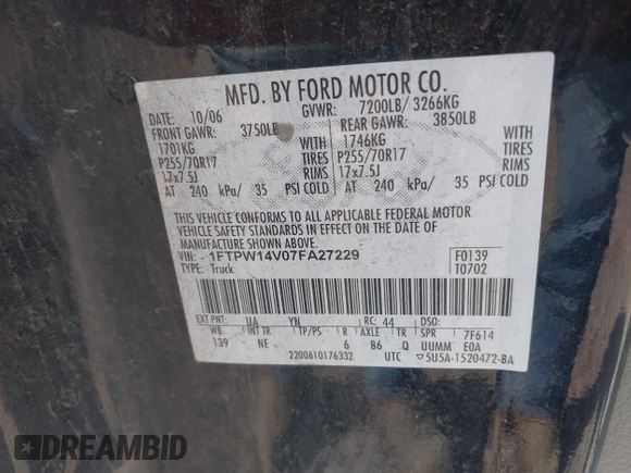 2007 Ford F-150 XLT with VIN 1FTPW14V07FA27229, listed as a IAAI auction lot 42348761 with Not provided miles and . Bid and sale history available at DreamBid. Image 9.