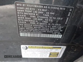 2013 Volkswagen Touareg Lux with VIN WVGEF9BP4DD006851, listed as a IAAI auction lot 41983791 with 115,551 mi miles and . Bid and sale history available at DreamBid. Image 9.