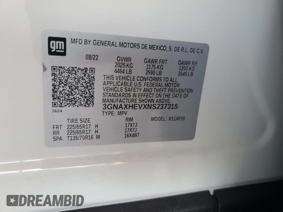 2022 Chevrolet Equinox LS z VIN 3GNAXHEVXNS237315, wystawiony jako Copart lot #57390925 z przebiegiem 22 590 mil mil oraz Szkoda całkowita • Salvage title. Historia ofert i sprzedaży dostępna na DreamBid. Obrazek 13.