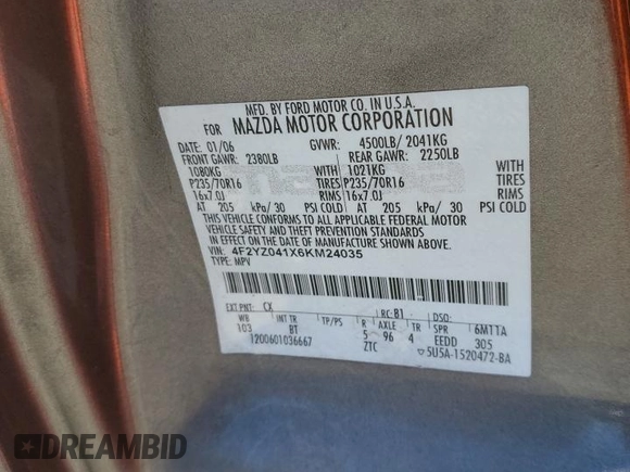 2006 Mazda Tribute S with VIN 4F2YZ041X6KM24035, listed as a Copart auction lot 45943285 with 105,040 mi miles and Salvage Title. Bid and sale history available at DreamBid. Image 13.