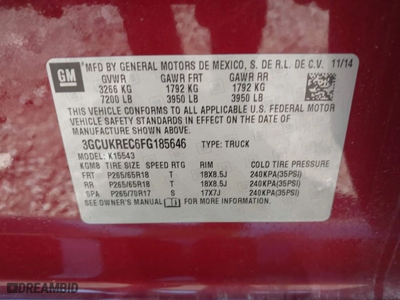 2015 Chevrolet Silverado 1500 LT with VIN 3GCUKREC6FG185646, listed as a IAAI auction lot 40702001 with 187,304 mi miles. Bid and sale history available at carsss.com. Image 9.
