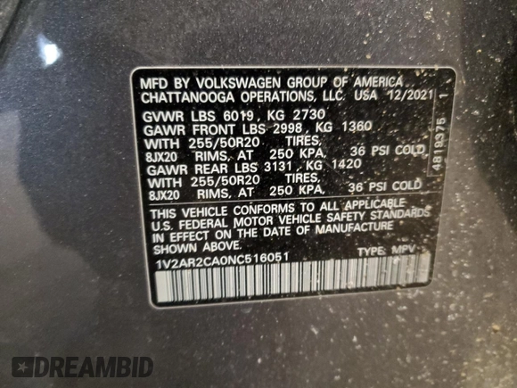 2022 Volkswagen Atlas 3.6L V6 SEL R-Line with VIN 1V2AR2CA0NC516051, listed as a Copart auction lot 88818005 with 37,471 mi miles and Salvage Title. Bid and sale history available at carsss.com. Image 14.