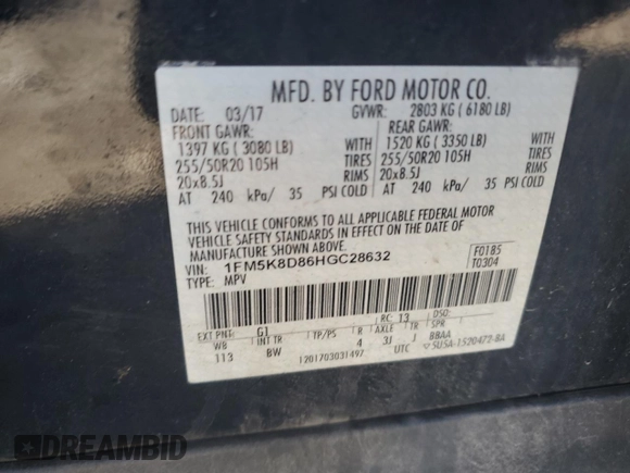 2017 Ford Explorer XLT with VIN 1FM5K8D86HGC28632, listed as a Copart auction lot 78839564 with 85,050 mi miles and Salvage Title. Bid and sale history available at DreamBid. Image 13.