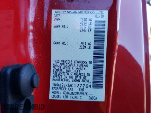 2010 Nissan Altima 2.5 S with VIN 1N4AL2EP3AC127764, listed as a Copart auction lot 45040215 with 160,730 mi miles and Salvage Title. Bid and sale history available at carsss.com. Image 14.