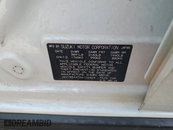 2013 Suzuki SX4 with VIN JS2YB5A47D6100469, listed as a Copart auction lot 72170814 with 67,748 mi miles and Salvage Title. Bid and sale history available at DreamBid. Image 12.