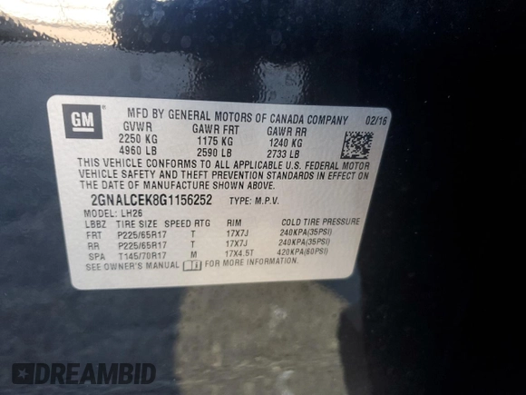 2016 Chevrolet Equinox LT z VIN 2GNALCEK8G1156252, wystawiony jako Copart lot #76864894 z przebiegiem 91 595 mil mil oraz Szkoda całkowita • Salvage title. Historia ofert i sprzedaży dostępna na DreamBid. Obrazek 14.