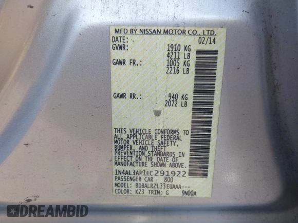 2014 Nissan Altima SV with VIN 1N4AL3AP1EC291922, listed as a IAAI auction lot 41432943 with 144,239 mi miles and . Bid and sale history available at DreamBid. Image 9.