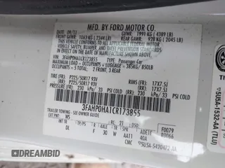2012 Ford Fusion SE with VIN 3FAHP0HA1CR173855, listed as a IAAI auction lot 41574744 with 1 mi miles. Bid and sale history available at carsss.com. Image 9.