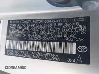 2004 Toyota Camry LE z VIN JTDBE32K040263783, wystawiony jako IAAI lot #42066013 z przebiegiem 204 531 mil mil oraz . Historia ofert i sprzedaży dostępna na DreamBid. Obrazek 9.