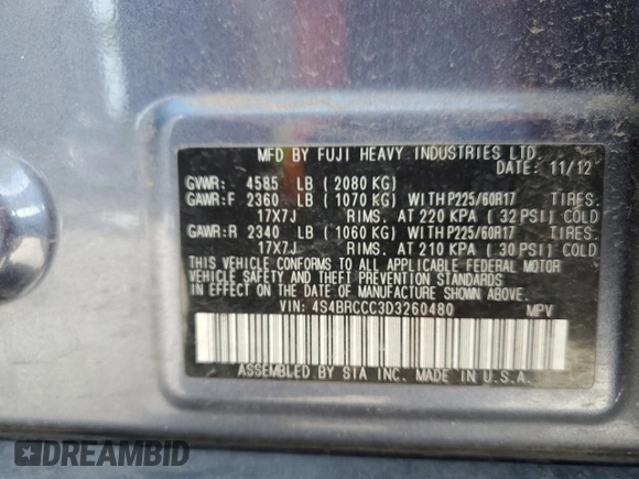 2013 Subaru Outback Premium with VIN 4S4BRCCC3D3260480, listed as a Copart auction lot 57609345 with 112,092 mi miles and Salvage title. Bid and sale history available at DreamBid. Image 14.