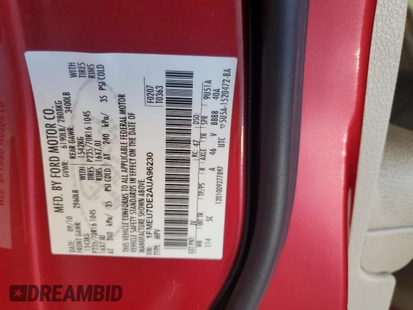2010 Ford Explorer XLT with VIN 1FMEU7DE2AUA96230, listed as a Copart auction lot 62702185 with Not provided miles and Salvage title. Bid and sale history available at DreamBid. Image 12.