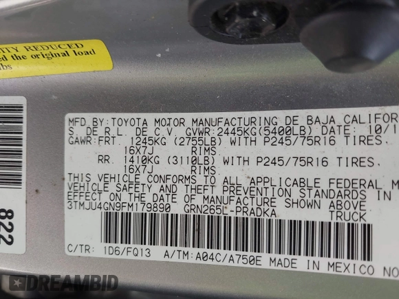 2015 Toyota Tacoma PreRunner with VIN 3TMJU4GN9FM179890, listed as a IAAI auction lot 42225923 with 160,000 mi miles and . Bid and sale history available at DreamBid. Image 9.