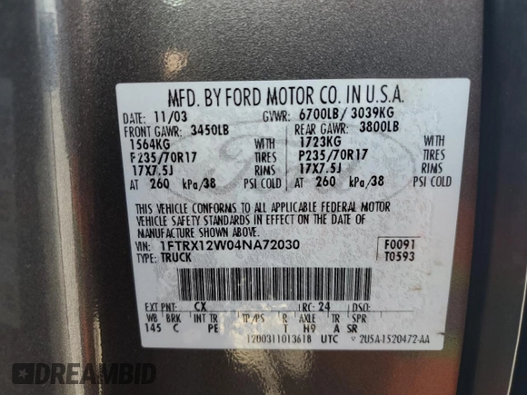 2004 Ford F-150 STX with VIN 1FTRX12W04NA72030, listed as a Copart auction lot 57437905 with 145,177 mi miles and Salvage title. Bid and sale history available at DreamBid. Image 12.