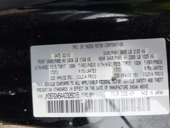 2010 Mazda CX-7 SV with VIN JM3ER2W54A0326015, listed as a IAAI auction lot 41467426 with 88,487 mi miles. Bid and sale history available at carsss.com. Image 9.